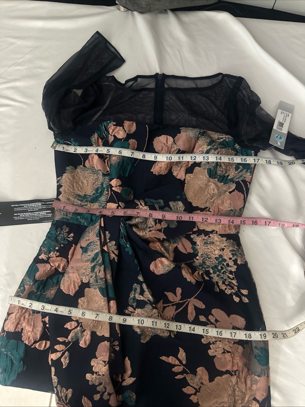 NWT $318 Kay Unger [ 6 ] Floral Jacquard Catrina 3D Bow‎ Gown Navy ApricotBlue - Picture 5 of 15